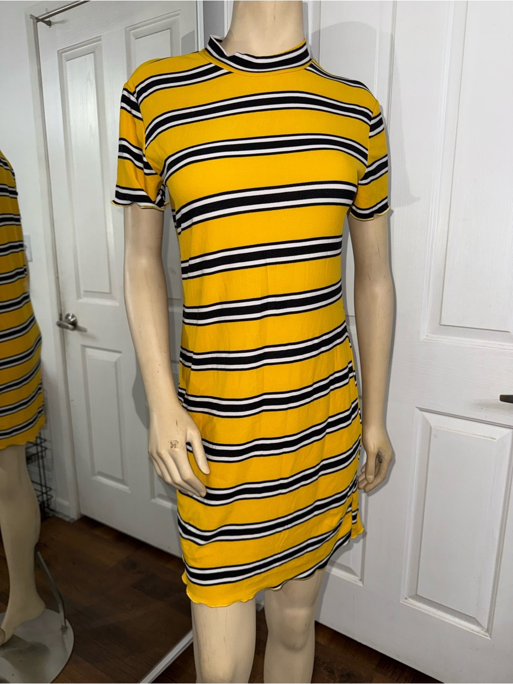 Yellow Striped Short-Sleeve Knit Dress